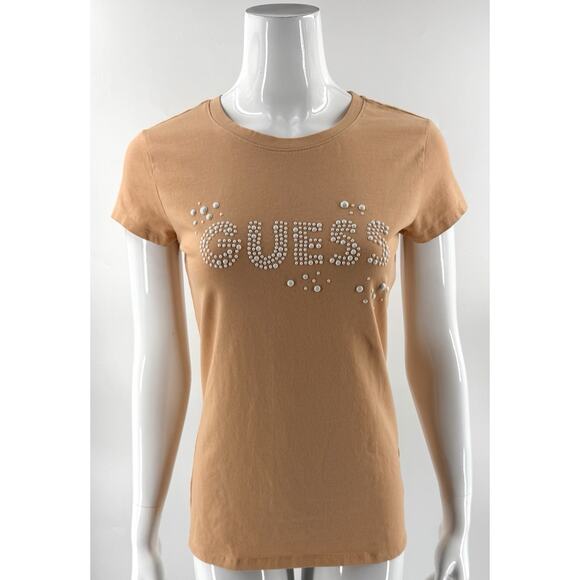Guess Top Size Large Peach Orange Spellout Pearl Appliqué Logo Fitted Tee - Picture 1 of 7